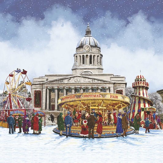 A snowy scene in Nottingham's market square in the early 1900s. A fair is taking place infront of the council house building. People are gathered infront of a carousel, a helter skelter and a big wheel. 
