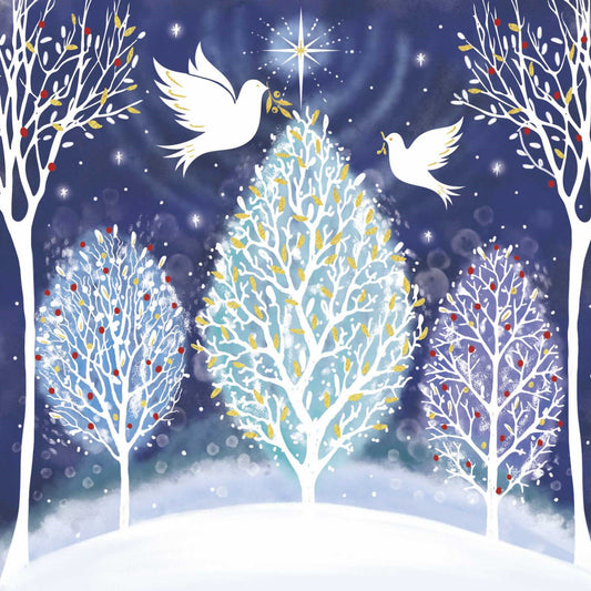 Two white doves flying above trees against a starry night sky. The star of Bethlehem shines brightly above.