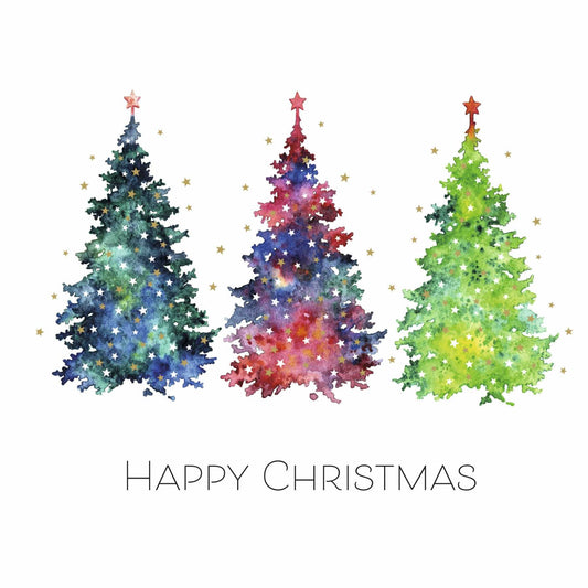 A trio of colourful Christmas trees decorated with stars. The text below the illustration reads "Happy Christmas"