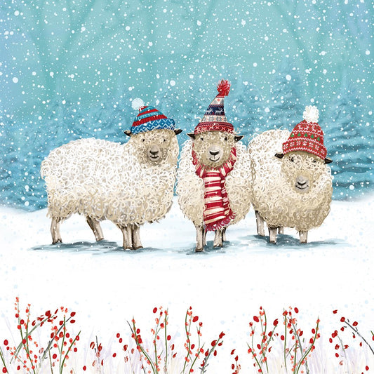 A snowy scene showing three sheep. The first sheep is wearing a woolly hat, the second sheep is wearing a woolly hat and a stripey red and white scarf. the third sheep is wearing a woolly hat.